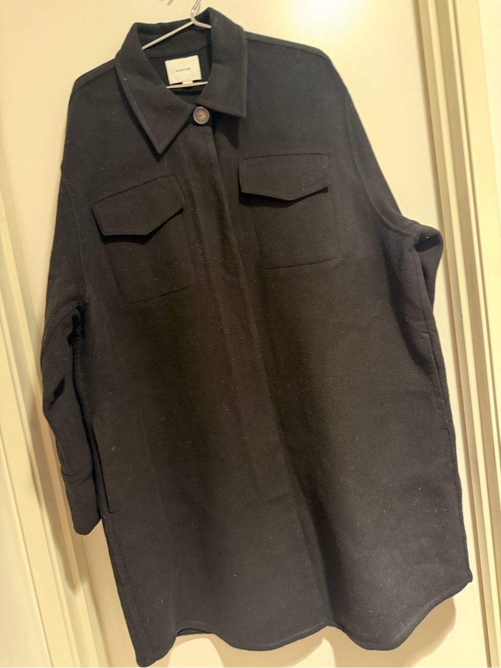 Vince Black Wool Pea Coat with Chest Flap Pockets